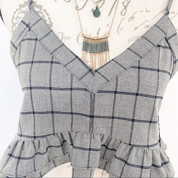 Anthropologie Lost + Wander CROP TOP Checker Ruffle Cami Top Grey Black … - Picture 4 of 13